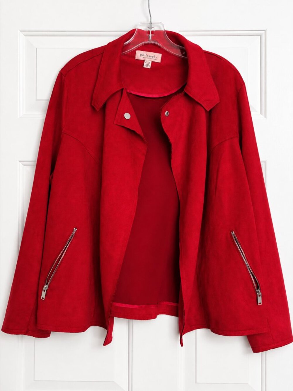 Philosophy Red Faux Suede Jacket Size 2X Open Front Zip Pocket - Picture 2 of 5